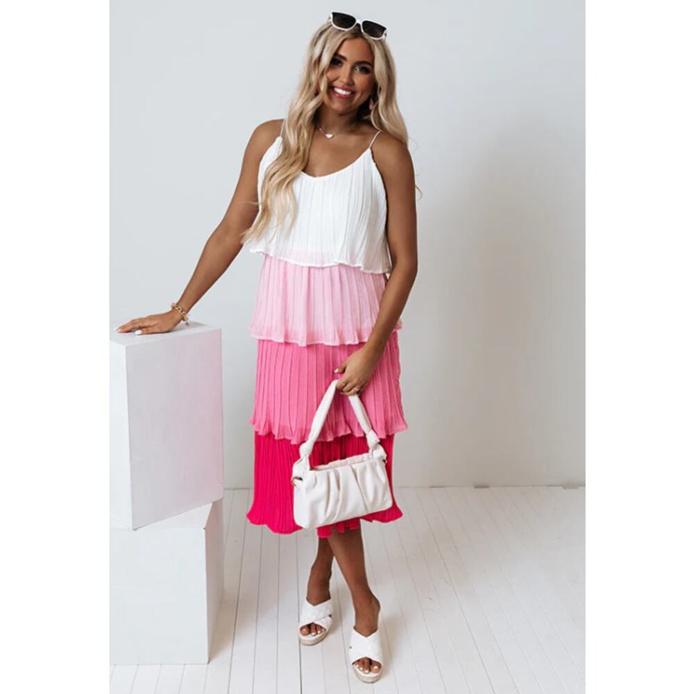 She + Sky Ombre Tiered Pleated Midi Dress WMNS S Pink White Flowy V-Neck Ruffled